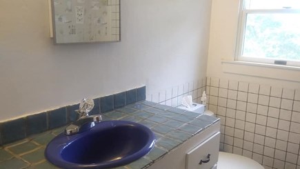 Harwich Cape Cod vacation rental - Cool Blue & White tiled full Bathroom with tub & shower.