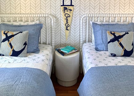 Harwich Port Cape Cod vacation rental - Kids bedroom styled with Serena & Lily wallpaper!