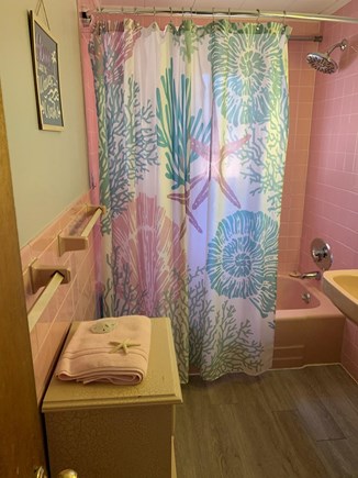 Dennis Port Cape Cod vacation rental - Freshly painted vintage pink bathroom, Sept 2022.