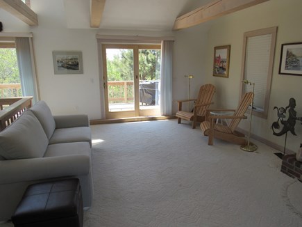 West Dennis Cape Cod vacation rental - Living Room Area w/Slider, Ceiling Fan and Skylight.