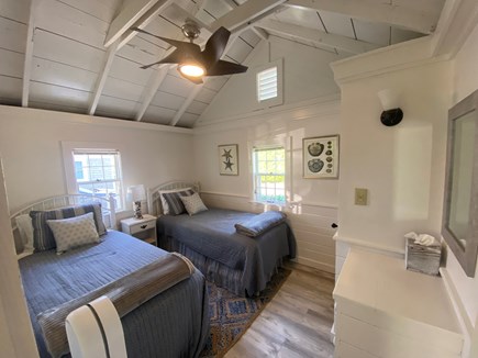 Dennis, Sea Rose Cottage Cape Cod vacation rental - Twin bedroom, raised ceiling, fan with light.