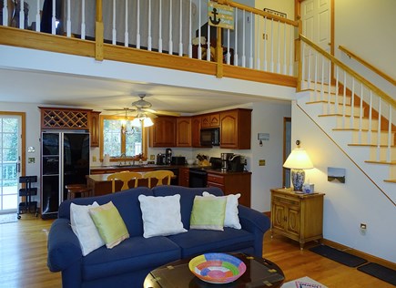North Eastham Cape Cod vacation rental - Vaulted living room with skylight, showing upstairs loft