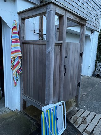 Chatham Cape Cod vacation rental - Outdoor shower, beach chairs & umbrellas in 2-car garage.