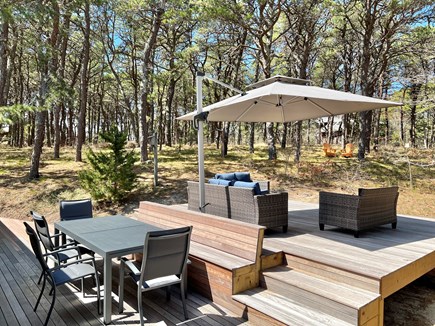Wellfleet, Indian Neck Cape Cod vacation rental - Two-level mahogany deck with dining table & comfy sitting area