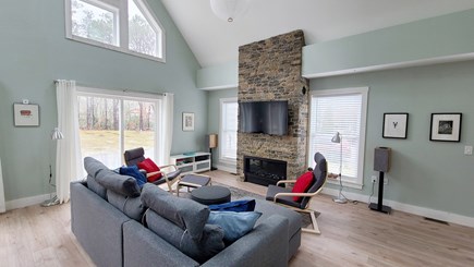 Wellfleet Cape Cod vacation rental - Living room with comfortable seating, flat screen TV & fireplace
