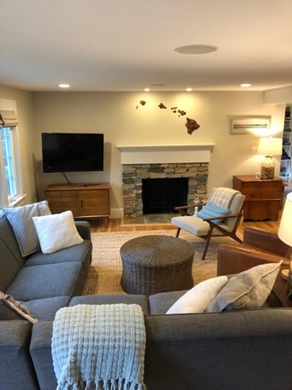 Osterville Cape Cod vacation rental - Living room fire place. Note: Hawaiian Islands above fireplace