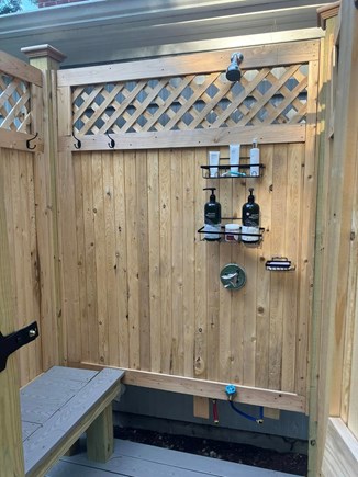 East Falmouth Cape Cod vacation rental - Spacious outdoor shower with a bench and lots of hooks!