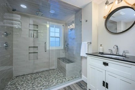 West Harwich Cape Cod vacation rental - Zero-entry shower with multiple shower head, bench and grab bar