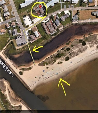 Yarmouth Cape Cod vacation rental - Circle is the house, arrows show the boardwalk and beach