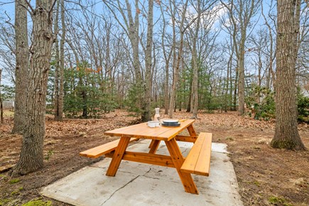 Cotuit Cape Cod vacation rental - Our picnic table amidst the trees.