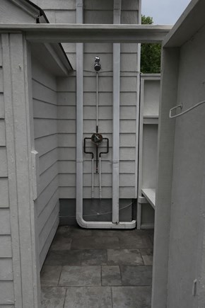 Falmouth Cape Cod vacation rental - Outdoor shower with bench and hooks