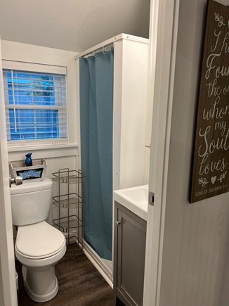 Dennis Port Cape Cod vacation rental - Bathroom with shower, medicine cab, and built in shelves