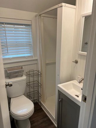 Dennis Port Cape Cod vacation rental - Bathroom with shower, medicine cab, and built in shelves