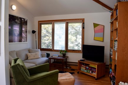 Truro Cape Cod vacation rental - TV den off living room, TV stand on wheels to move to main room
