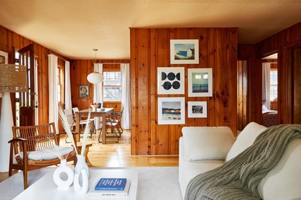 Dennis Port Cape Cod vacation rental - Main Living room with sofa, two lounge chairs, and smart TV