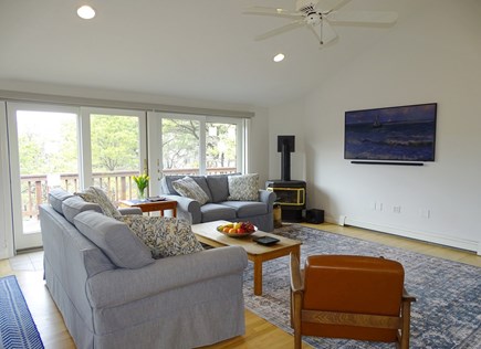North Truro Cape Cod vacation rental - Vaulted living room with Smart TV and sliders to deck