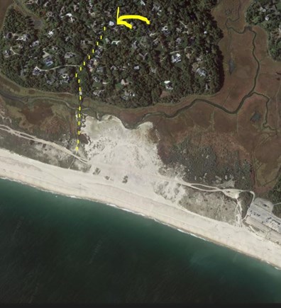 170 Pochet Rd, Orleans Cape Cod vacation rental - Arrow to home with dots leading across the walking bridge/beach
