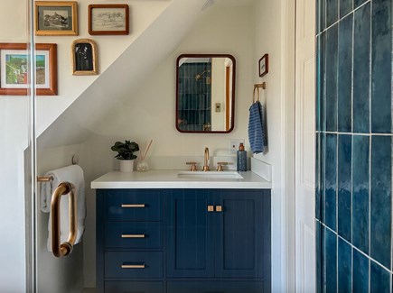 Provincetown Cape Cod vacation rental - Renovated primary bath with ocean hues and walk in shower