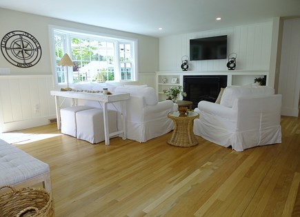 Dennis Port Cape Cod vacation rental - Living room offers nautical décor, fireplace and Smart TV