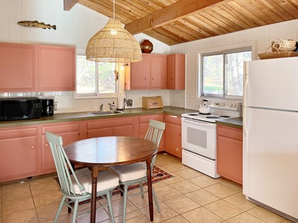 Wellfleet Cape Cod vacation rental - Kitchen has electric range, oven, microwave, cooking supplies.