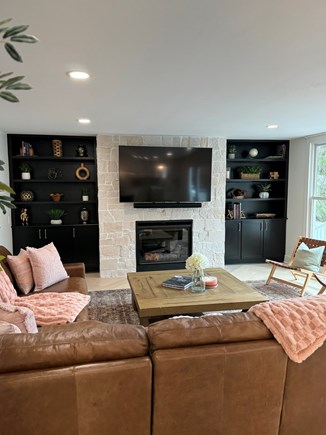 Chatham Cape Cod vacation rental - Living room with oversized Italian leather sectional & 70 inch TV