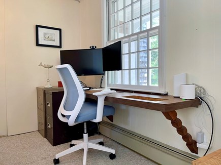 East Orleans Cape Cod vacation rental - Desk w/2 monitors + camera for video conferencing off family room