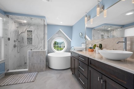 Chatham Cape Cod vacation rental - Ensuite Bathroom to Bedroom #3 with glass enclosed shower, round soaking tub and double sinks