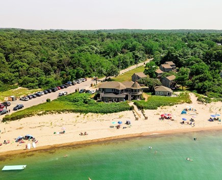 Brewster Cape Cod vacation rental - The beach from above.  Becalmed is second cottage on the left.