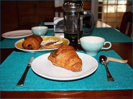 Wellfleet Cape Cod vacation rental - Breakfast table with fresh croissants from nearby PB Boulangerie