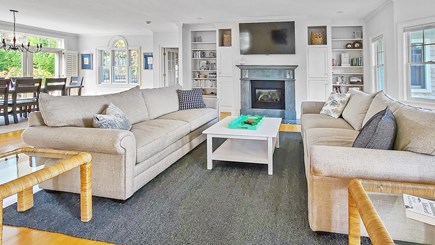 Eastham Cape Cod vacation rental - Living room with comfortable seating, TV and fireplace