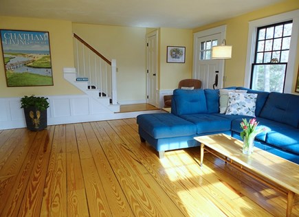 Brewster Cape Cod vacation rental - Living room facing front stairs to two bedrooms