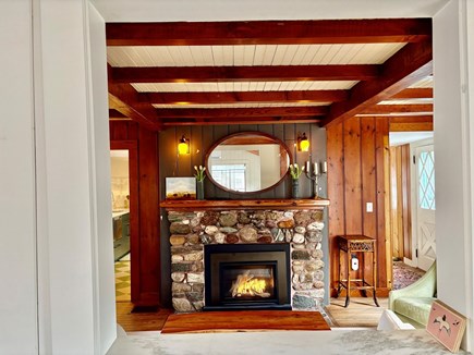 Brewster Cape Cod vacation rental - River Rock fireplace with gas insert.