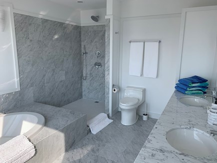 North Truro Cape Cod vacation rental - Bathrooms are designed with Carrara Tile as this Master Bathroom