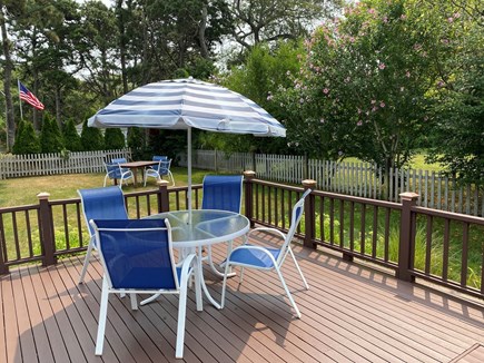 Hyannis - Veteran's Beach Cape Cod vacation rental - Deck with solar powered post lamps, and backyard