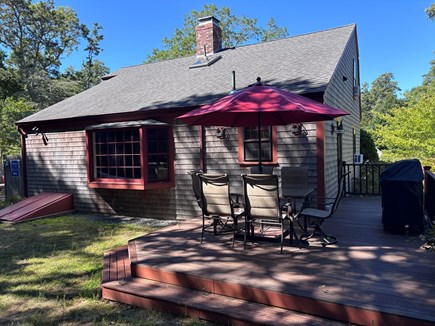 Harwich Cape Cod vacation rental - Enjoy a cup of coffee on the back deck.