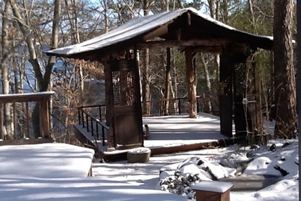 Brewster, Sheeps Pond, Noah's Bluff Cape Cod vacation rental - Winter photo of Teahouse w/pond in the background thru the trees