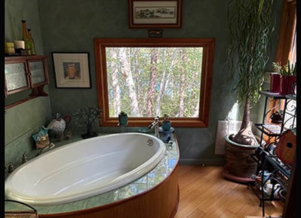 Brewster, Sheeps Pond, Noah's Bluff Cape Cod vacation rental - Tub room with picture window view of pond thru the wooded area