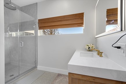 Dennis Cape Cod vacation rental - Ensuite Bathroom w/ Rain Shower and Towel Warmer Rack.