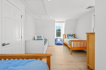 Sandwich Cape Cod vacation rental - Bedroom 3 – Four Twin beds (including one trundle) with Juliet balcony – Upper level