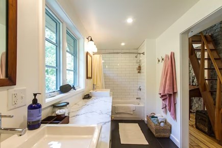 Chatham, Marshlight Retreat Cape Cod vacation rental - Updated full bath with marble vanity subway tile tub