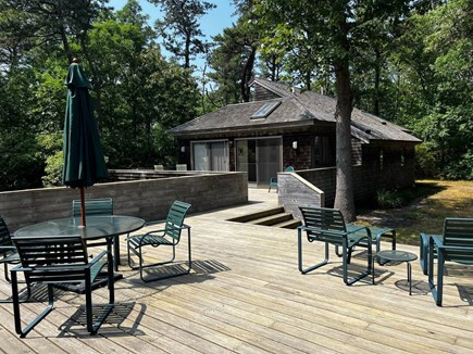 Orleans, Swaying Pines Cape Cod vacation rental - Deck dining with umbrella