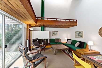 Orleans, Swaying Pines Cape Cod vacation rental - Vaulted living room, skylights, sliders to deck