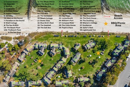 South Yarmouth Cape Cod vacation rental - Seaside Community map with cottage names, numbers and property amenities/locations.