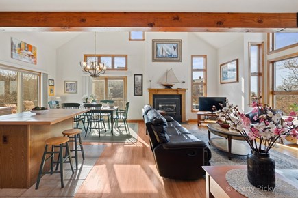 Brewster Cape Cod vacation rental - This shot shows the relationship of the kitchen, dinging area and living room.