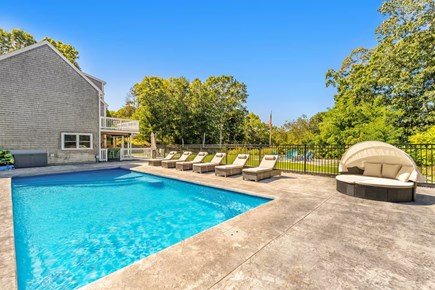 Falmouth Cape Cod vacation rental - Salt water fenced in pool with cabana and lounge chairs
