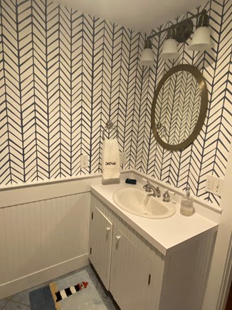 Chatham Cape Cod vacation rental - Fun wall paper and nautical hues continued in Bathroom #2 - 58 Longs Lane Chatham Cape Cod New England Vacation Rentals