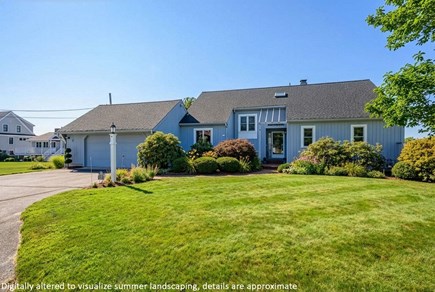 West Dennis Cape Cod vacation rental - View of the front lawn *This is digital altered to visualize summer landscape