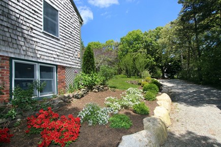 Eastham, Salt Pond Seashore Cape Cod vacation rental - Landscaped side yard and driveway with trees and blooms.