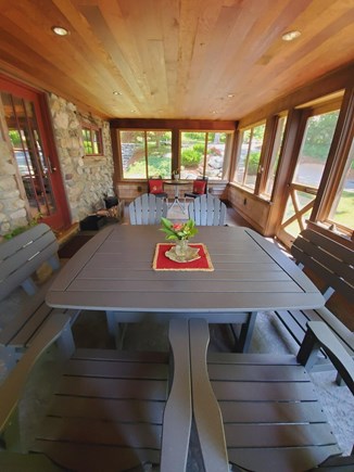 On Snipatuit Pond, Rochester MA vacation rental - 3 season porch dining table
