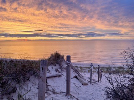East Dennis Cape Cod vacation rental - High tide beach path at sunset